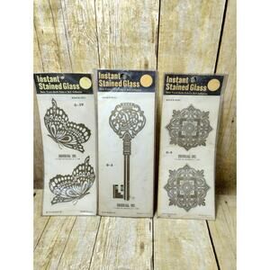 3 Vtg Decorcal Self Self Adhesive Stain Glass Gold Butterflies, Key & Squares
